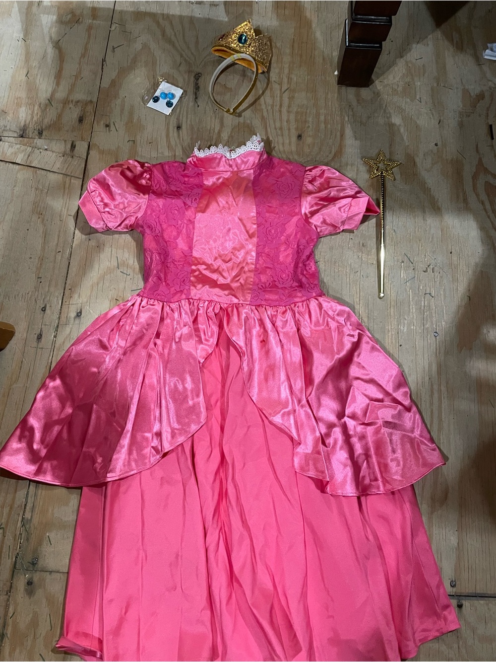 Spirit Kids Pink Satin Lace Princess Costume with Gold Crown, Earrings, and Wand